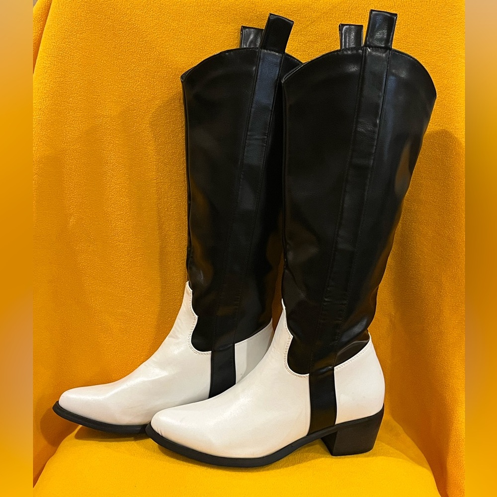 Nasty Gal Cowboy/ cowgirl boots. Black and white. Knee high, stacked heel. 7.5-8